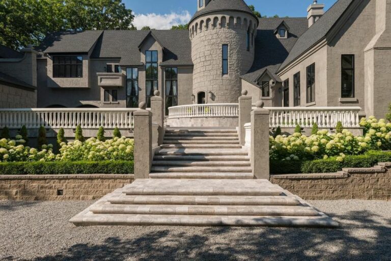 Grand stone entrance steps flanked by stucco pillars with ball finials leading up to a luxury home terrace - Yellow Brick Road Pavers & Landscapes LLC